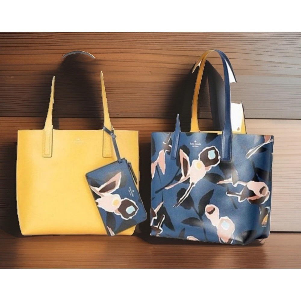 Kate Spade New York Arch Paper Rose Large Reversible Tote Blue Multi VS Yellow